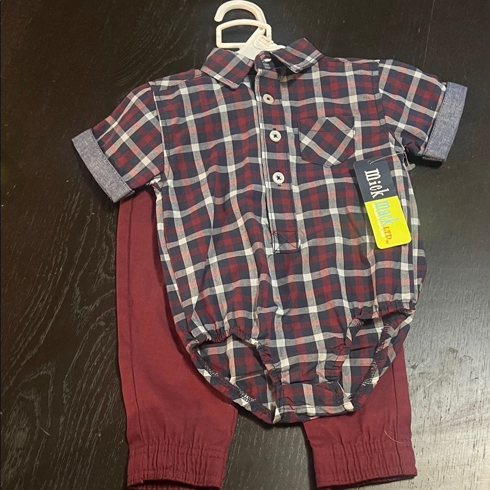 Plaid Baby Romper with Maroon Pants 6-9 months